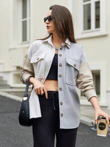 EURMUSE Abrigo de color combinado con bolsillo con solapa de hombros caídos - Multicolor - Ver 3