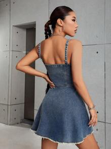 SHEIN ICON Button Front Raw Hem Denim Dress - Dark Wash - View 2