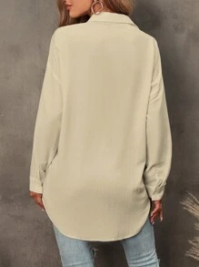 SHEIN LUNE Solid Drop Shoulder Patched Pocket Shirt Button Up Shirt - Apricot - View 2