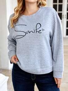 SHEIN Franclia 大碼字母圖案落肩袖運動衫 - 灰色 - 查看 7