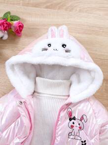 SHEIN Young Girl Rabbit Print 3D Ears Design Hooded Padded Coat Without Sweater - Pink - View 5