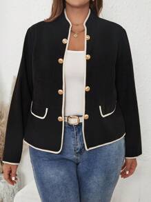 SHEIN Clasi 加大號對比色邊綁扣前外套 - 黑色 - 查看 5