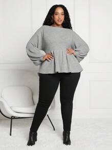 SHEIN CURVE+ 女士大尺碼圓領純色荷葉邊毛衣 - 灰色 - 查看 3