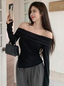 Dazy Star Solid Bardot Slit Hem Slim Tee - Black - View 2