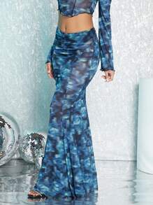 SHEIN BAE Allover Print Mermaid Hem Mesh Skirt - Multicolor - View 5