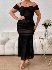 SHEIN Privé Hơn Vai lạnh Xù Nàng tiên cá Hem Váy lưới che phủ - màu đen - Xem 5