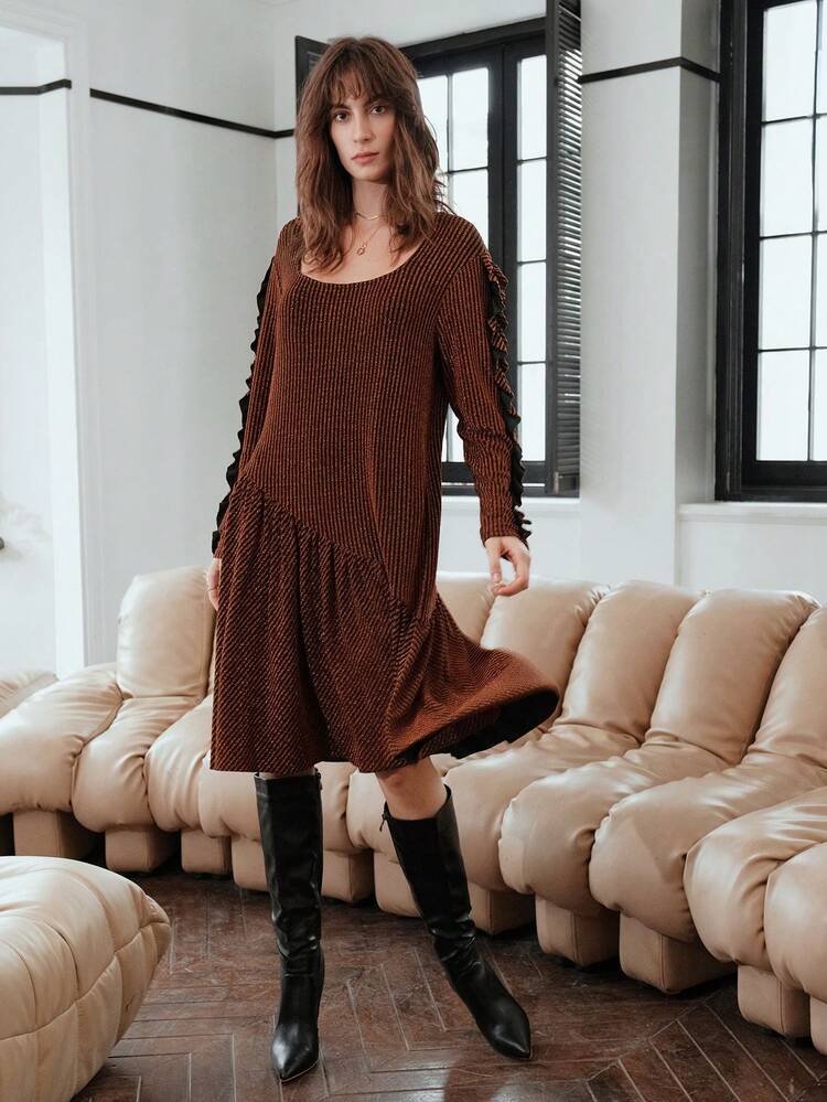 Scoop Neck Ruffle Trim Dress For Holiday Party Clothes Metallic Women Outfit