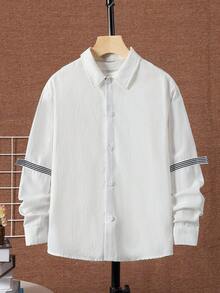 SHEIN 男童學院風領落肩梭織寬鬆襯衫 - 白色 - 查看 3