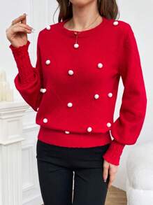 SHEIN Privé Lantern Sleeve Pom Pom Detail Sweater - Red and White - View 1