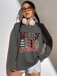 INAWLY 圣诞印花落肩 T 恤 图案 T 恤 女式上衣 - 灰色 - 查看 3