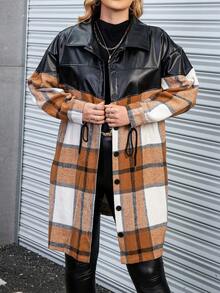 Calvaya Plus Plaid Print Drawstring Waist Drop Shoulder Shirt Dress - Khaki - View 4