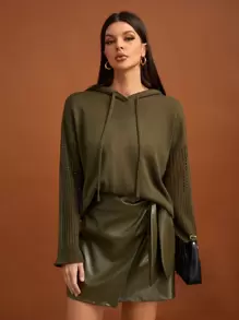 SHEIN Tall Solid Drop Shoulder Drawstring Hooded Sweater, Tall Women - Green - View 1