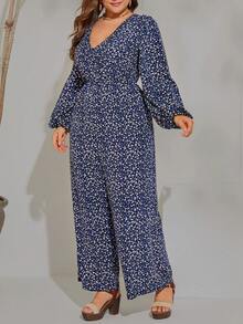 SHEIN VCAY Hơn In hoa Ditsy Tay áo lồng đèn Áo liền quần ống rộng - Nhiều màu - Xem 5