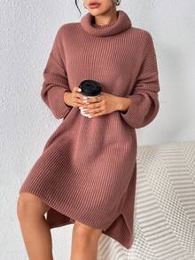 SHEIN Essnce Áo cao cổ Thả vai Viền chia cắt Đầm Áo len Không có thắt lưng - Cà phê nâu - Xem 5