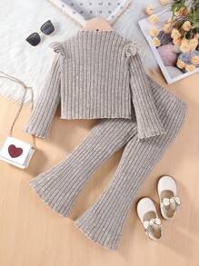 SHEIN Cô Gái Trẻ Viền Ruffle Cổ giả Áo thun & Quần ống loe - Xám - Xem 2