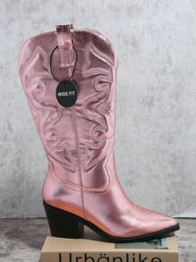 金屬質感刺繡細節粗跟靴子 - 粉色 - 查看 3