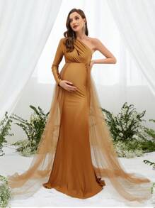 Maternity Asymmetrical Neck Mesh Panel Elegant Dress, For Party - Bronze - View 3