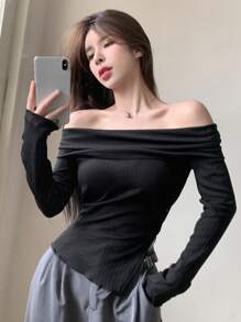 Dazy Star Solid Bardot Slit Hem Slim Tee - Black - View 3