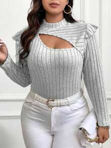 SHEIN Franclia Hơn Cắt ra Cổ giả Viền Ruffle Áo thun - Xám - Xem 8