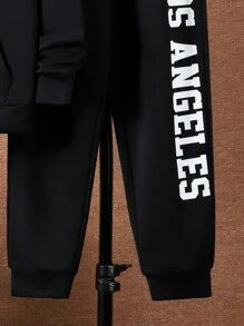 SHEIN Boys' Letter Print Hoodie And Pants Set - Black - View 5