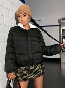 SHEIN EZwear 拉链保暖衬里棉服 - 彩色 - 查看 3