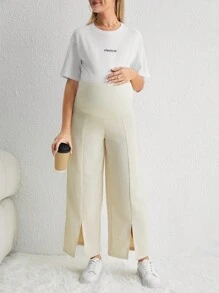 SHEIN Maternity Adjustable Waist Split Hem Wide Leg Pants - Apricot - View 3