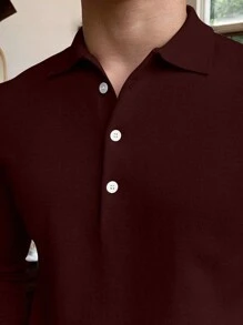 Nam Chất rắn Cổ Polo Áo len - Màu Đỏ Sâu - Xem 3