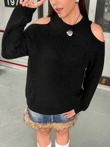 Flirla 大碼挖肩插肩袖套頭毛衣 - 黑色 - 查看 3