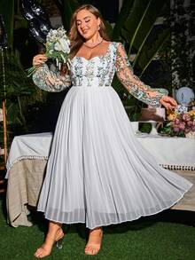 Simplee Plus Floral Embroidery Mesh Overlay Sweetheart Neck Lantern Sleeve Prom Dress - White - View 4
