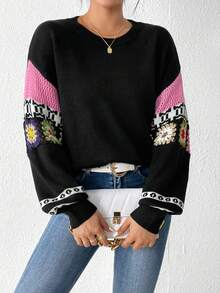 SHEIN LUNE 花卉圖案和幾何圖案落肩袖套頭毛衣 - 黑色 - 查看 6