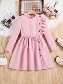 女大童提花荷葉邊紐扣細節洋裝 - 粉色 - 查看 1