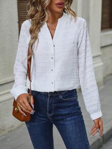 純色釦前斜肩袖襯衫 - 白色 - 查看 5