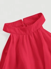 SHEIN MOD Solid Ruffle Trim Ruched Halter Red Long Dress,Valentine Outfits