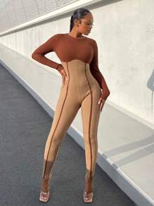 SHEIN SXY Color Block Patchwork Skinny Jumpsuit - Khaki - View 3