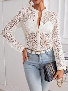 GENKIRA Hollow Out Button Front Shirt - Apricot - View 3