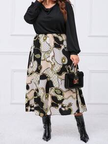 SHEIN Clasi 大碼錬條圖案垂領燈籠袖洋裝 - 彩色 - 查看 3