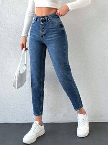 Cloudara Button Fly Mom Fit Jeans - Medium Wash - View 4