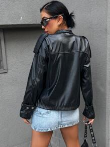 EURMUSE Flap Pocket Drop Shoulder PU Leather Jacket - Black - View 2