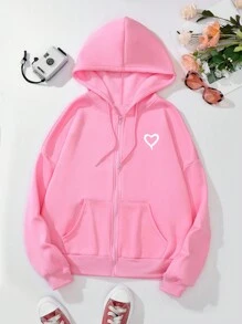SHEIN EZwear Heart Print Zip Up Drawstring Thermal Lined Hoodie - Baby Pink - View 1