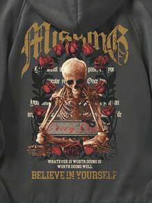 ROMWE MEN Goth Men Skeleton & Slogan Graphic Raglan Sleeve Drawstring Thermal Hoodie - Dark Grey - View 4