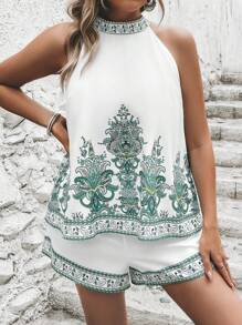 SHEIN VCAY Plus Paisley Print Halter Top & Shorts - White - View 1