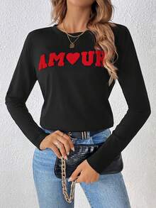 SHEIN Frenchy Mẫu chữ Vòng cổ Áo thun - màu đen - Xem 5