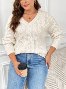 SHEIN Frenchy Kích thước lớn Thả vai Xoắn Dan Áo len - Màu be - Xem 6