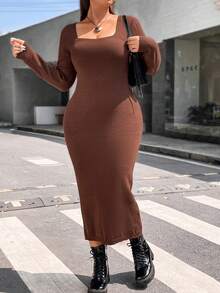 Flirla 大碼方領毛衣洋裝 - 棕色 - 查看 6