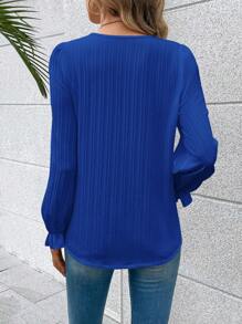 SHEIN 鏤空蕾絲花邊燈籠袖襯衫 - 藍色 - 查看 2