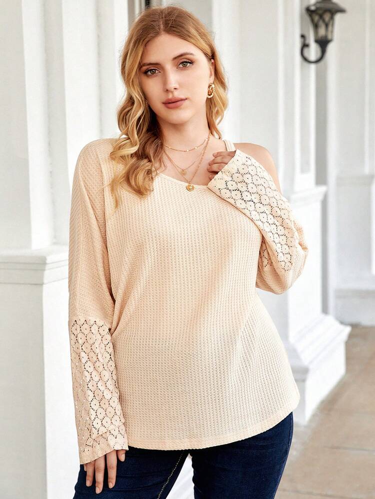 Plus Asymmetrical Neck Chain Detail Contrast Lace Tee