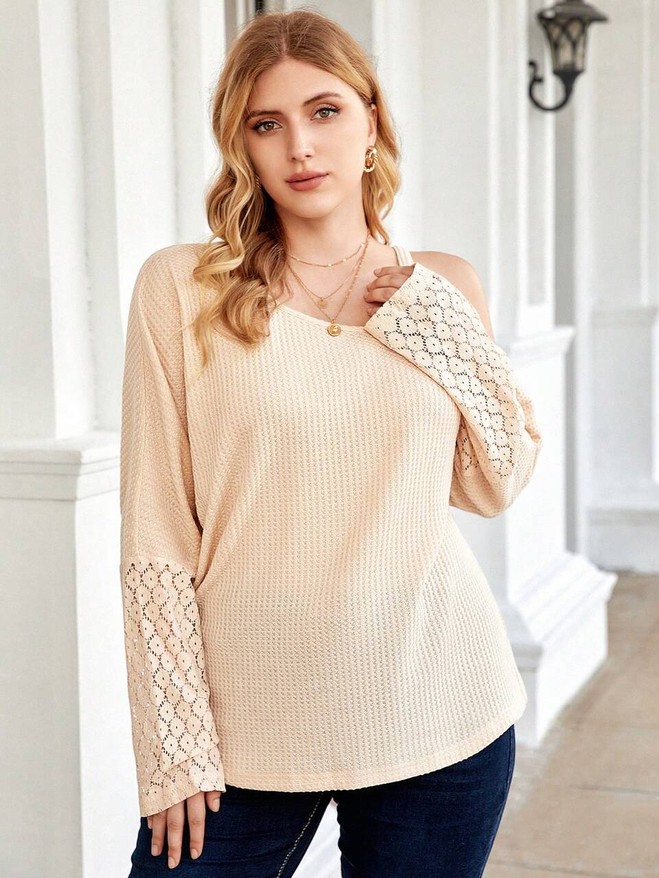 Plus Asymmetrical Neck Chain Detail Contrast Lace Tee