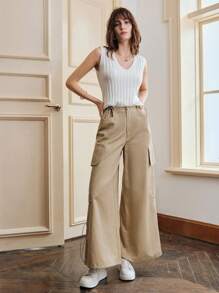 Anewsta Drawstring Wide Leg Cargo Pants - Khaki - View 4