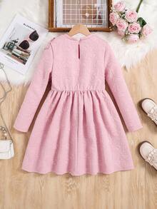 女大童提花荷葉邊紐扣細節洋裝 - 粉色 - 查看 2