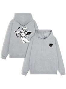 Manfinity Hypemode Men 1pc Heart & Angel Print  Pocket Drawstring Hoodie, Grey Graphic Hoodie, Men Hoodie, Cupid Hoodie - Light Grey - View 2